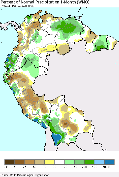 Northern South America Percent of Normal Precipitation 1-Month (WMO) Thematic Map For 11/11/2023 - 12/10/2023