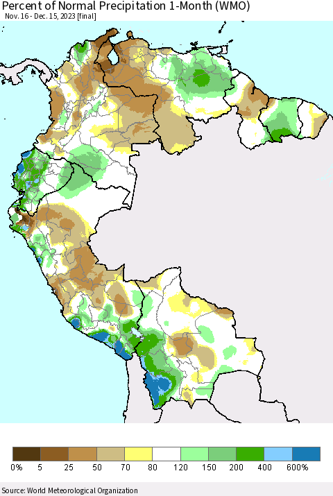 Northern South America Percent of Normal Precipitation 1-Month (WMO) Thematic Map For 11/16/2023 - 12/15/2023
