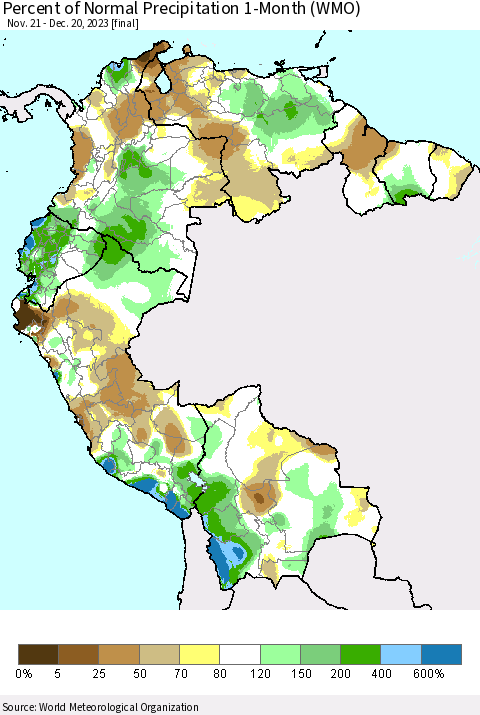 Northern South America Percent of Normal Precipitation 1-Month (WMO) Thematic Map For 11/21/2023 - 12/20/2023
