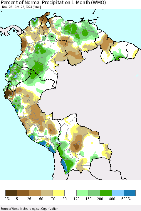 Northern South America Percent of Normal Precipitation 1-Month (WMO) Thematic Map For 11/26/2023 - 12/25/2023