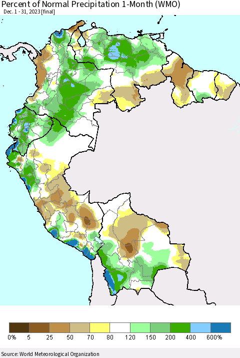 Northern South America Percent of Normal Precipitation 1-Month (WMO) Thematic Map For 12/1/2023 - 12/31/2023