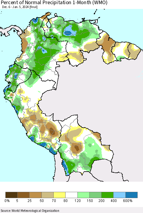 Northern South America Percent of Normal Precipitation 1-Month (WMO) Thematic Map For 12/6/2023 - 1/5/2024