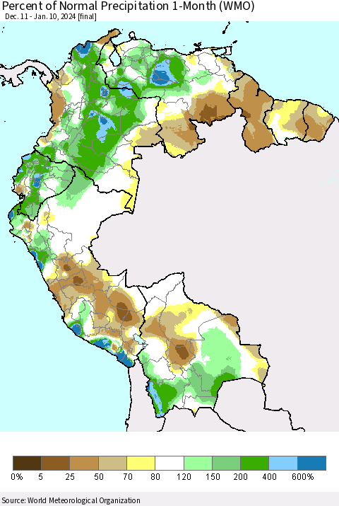 Northern South America Percent of Normal Precipitation 1-Month (WMO) Thematic Map For 12/11/2023 - 1/10/2024
