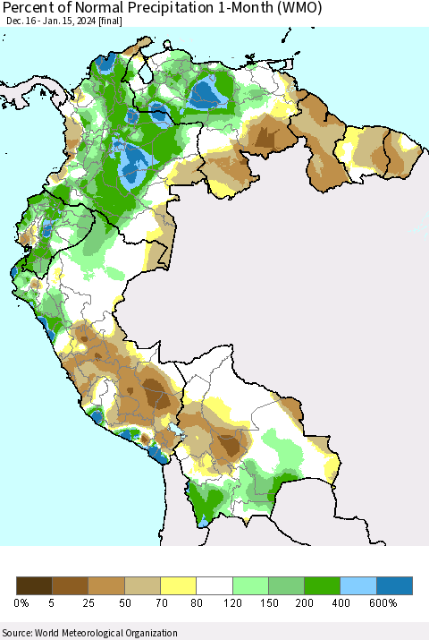 Northern South America Percent of Normal Precipitation 1-Month (WMO) Thematic Map For 12/16/2023 - 1/15/2024