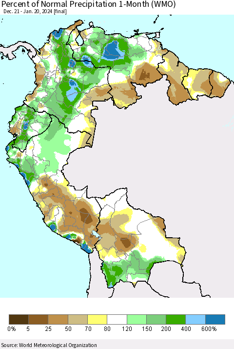 Northern South America Percent of Normal Precipitation 1-Month (WMO) Thematic Map For 12/21/2023 - 1/20/2024