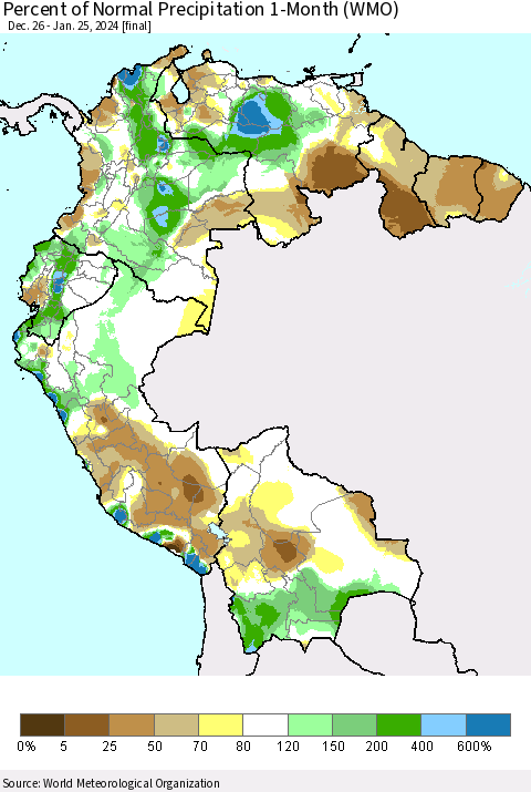 Northern South America Percent of Normal Precipitation 1-Month (WMO) Thematic Map For 12/26/2023 - 1/25/2024