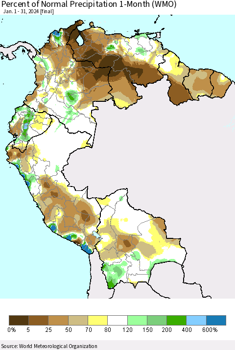 Northern South America Percent of Normal Precipitation 1-Month (WMO) Thematic Map For 1/1/2024 - 1/31/2024