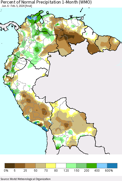 Northern South America Percent of Normal Precipitation 1-Month (WMO) Thematic Map For 1/6/2024 - 2/5/2024