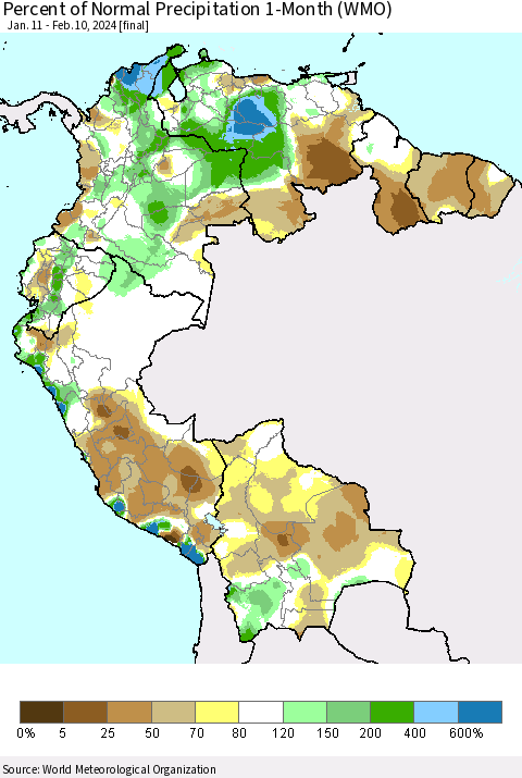 Northern South America Percent of Normal Precipitation 1-Month (WMO) Thematic Map For 1/11/2024 - 2/10/2024