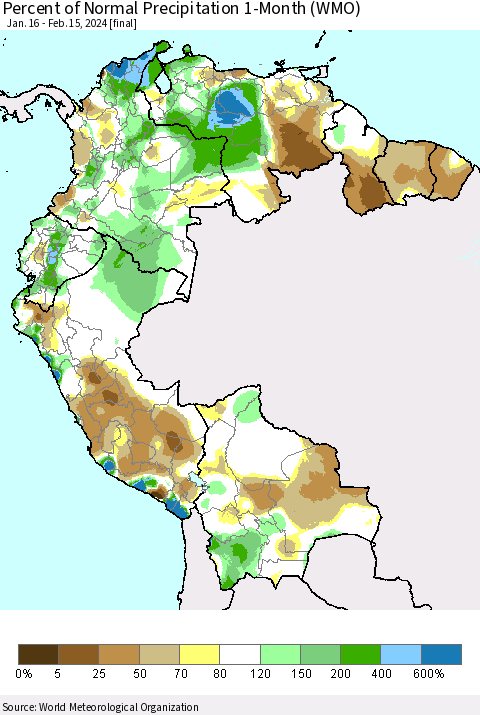 Northern South America Percent of Normal Precipitation 1-Month (WMO) Thematic Map For 1/16/2024 - 2/15/2024