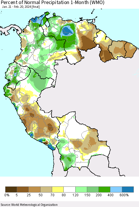 Northern South America Percent of Normal Precipitation 1-Month (WMO) Thematic Map For 1/21/2024 - 2/20/2024
