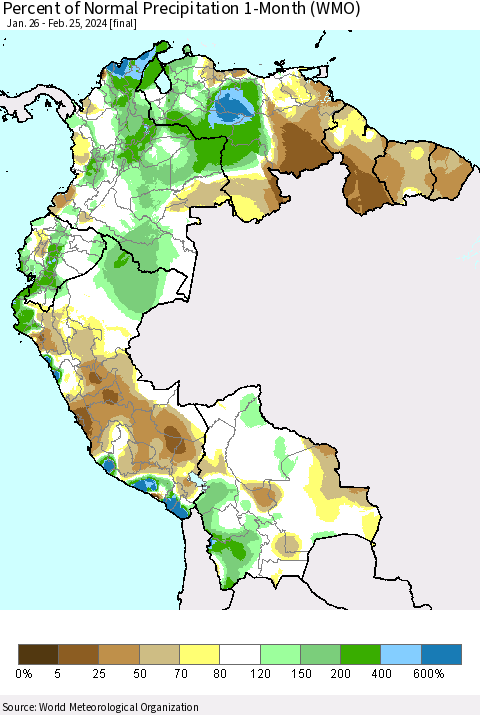 Northern South America Percent of Normal Precipitation 1-Month (WMO) Thematic Map For 1/26/2024 - 2/25/2024