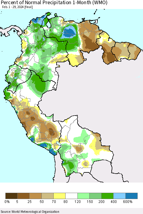 Northern South America Percent of Normal Precipitation 1-Month (WMO) Thematic Map For 2/1/2024 - 2/29/2024