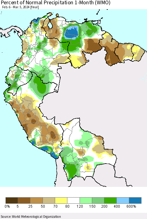 Northern South America Percent of Normal Precipitation 1-Month (WMO) Thematic Map For 2/6/2024 - 3/5/2024