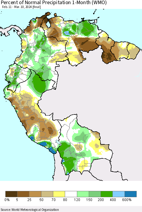 Northern South America Percent of Normal Precipitation 1-Month (WMO) Thematic Map For 2/11/2024 - 3/10/2024