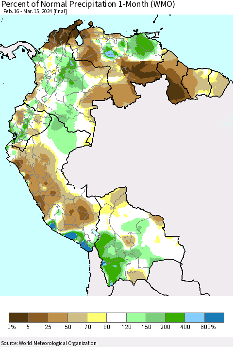 Northern South America Percent of Normal Precipitation 1-Month (WMO) Thematic Map For 2/16/2024 - 3/15/2024