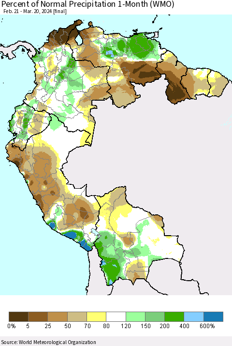 Northern South America Percent of Normal Precipitation 1-Month (WMO) Thematic Map For 2/21/2024 - 3/20/2024