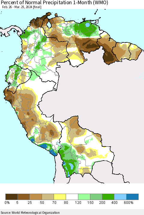 Northern South America Percent of Normal Precipitation 1-Month (WMO) Thematic Map For 2/26/2024 - 3/25/2024