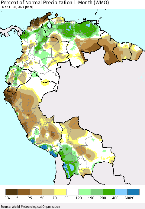 Northern South America Percent of Normal Precipitation 1-Month (WMO) Thematic Map For 3/1/2024 - 3/31/2024