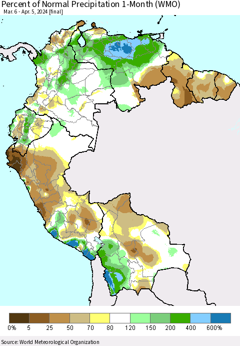 Northern South America Percent of Normal Precipitation 1-Month (WMO) Thematic Map For 3/6/2024 - 4/5/2024