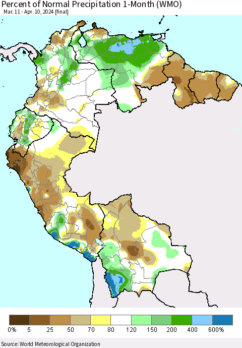Northern South America Percent of Normal Precipitation 1-Month (WMO) Thematic Map For 3/11/2024 - 4/10/2024