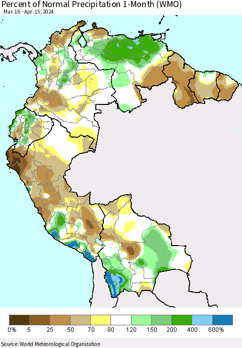 Northern South America Percent of Normal Precipitation 1-Month (WMO) Thematic Map For 3/16/2024 - 4/15/2024