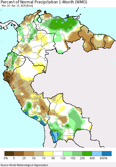 Northern South America Percent of Normal Precipitation 1-Month (WMO) Thematic Map For 3/16/2024 - 4/15/2024