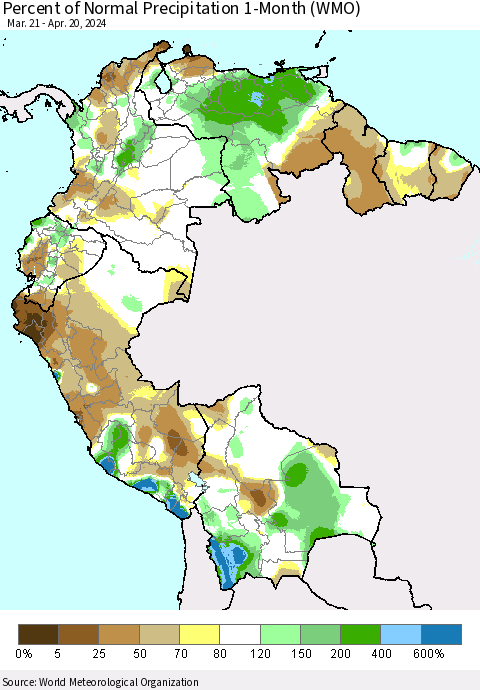 Northern South America Percent of Normal Precipitation 1-Month (WMO) Thematic Map For 3/21/2024 - 4/20/2024