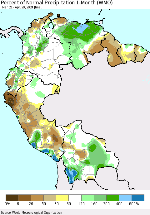 Northern South America Percent of Normal Precipitation 1-Month (WMO) Thematic Map For 3/21/2024 - 4/20/2024