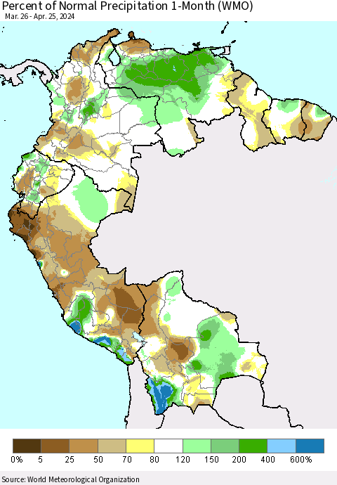 Northern South America Percent of Normal Precipitation 1-Month (WMO) Thematic Map For 3/26/2024 - 4/25/2024