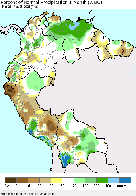 Northern South America Percent of Normal Precipitation 1-Month (WMO) Thematic Map For 3/26/2024 - 4/25/2024