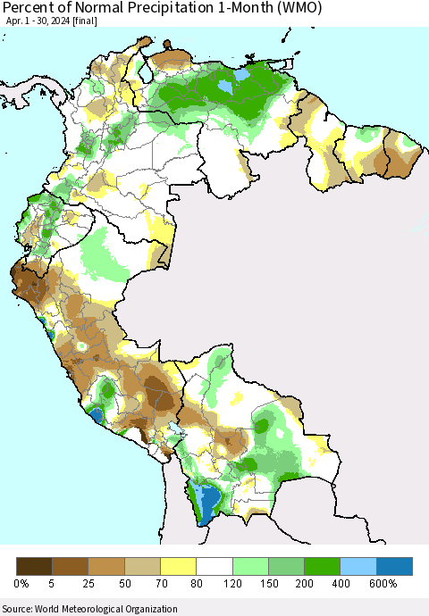 Northern South America Percent of Normal Precipitation 1-Month (WMO) Thematic Map For 4/1/2024 - 4/30/2024