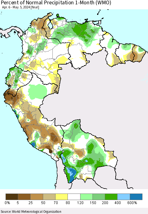 Northern South America Percent of Normal Precipitation 1-Month (WMO) Thematic Map For 4/6/2024 - 5/5/2024