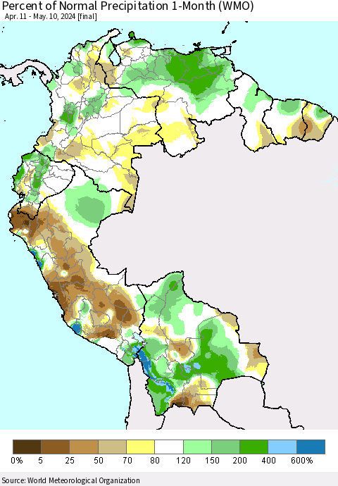 Northern South America Percent of Normal Precipitation 1-Month (WMO) Thematic Map For 4/11/2024 - 5/10/2024