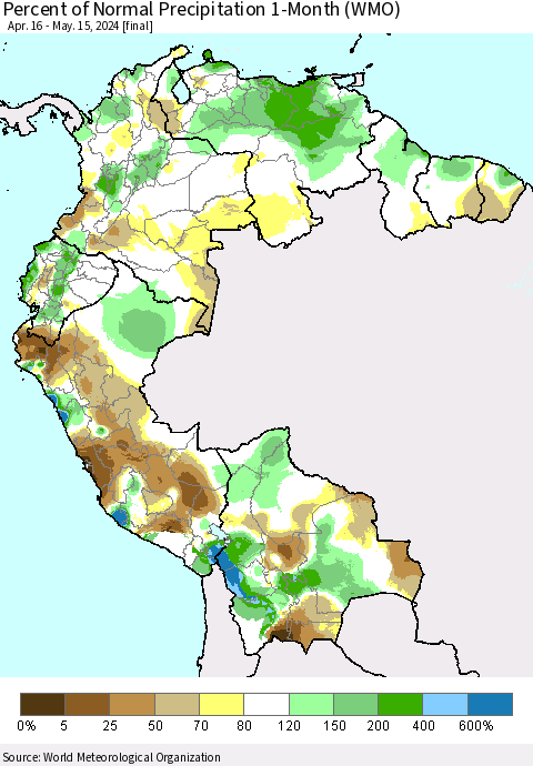 Northern South America Percent of Normal Precipitation 1-Month (WMO) Thematic Map For 4/16/2024 - 5/15/2024