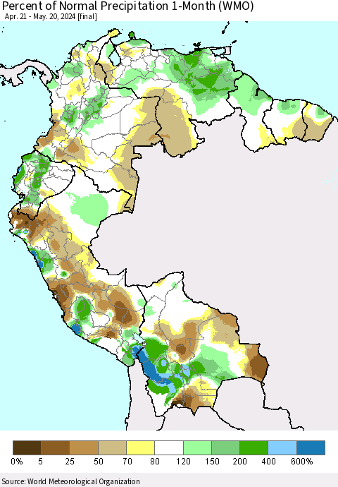 Northern South America Percent of Normal Precipitation 1-Month (WMO) Thematic Map For 4/21/2024 - 5/20/2024