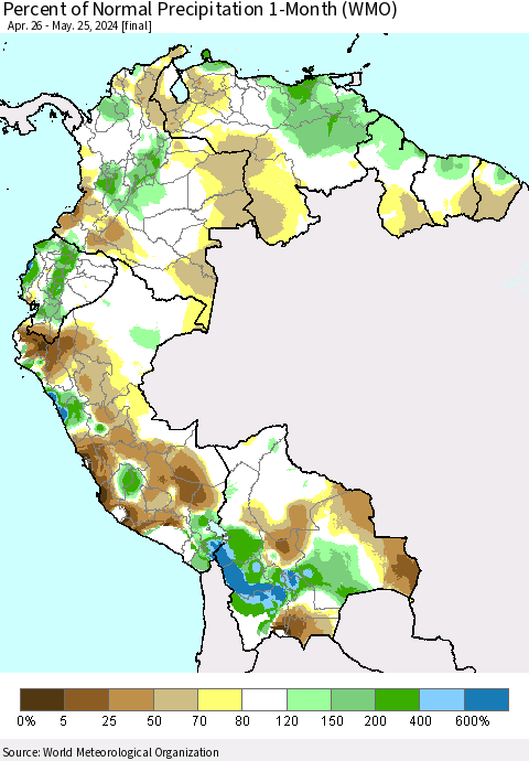 Northern South America Percent of Normal Precipitation 1-Month (WMO) Thematic Map For 4/26/2024 - 5/25/2024