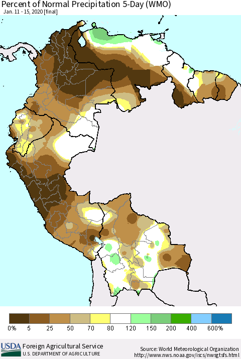 Northern South America Percent of Normal Precipitation 5-Day (WMO) Thematic Map For 1/11/2020 - 1/15/2020