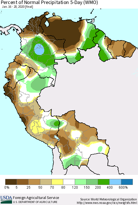 Northern South America Percent of Normal Precipitation 5-Day (WMO) Thematic Map For 1/16/2020 - 1/20/2020