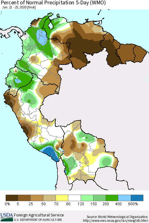 Northern South America Percent of Normal Precipitation 5-Day (WMO) Thematic Map For 1/21/2020 - 1/25/2020