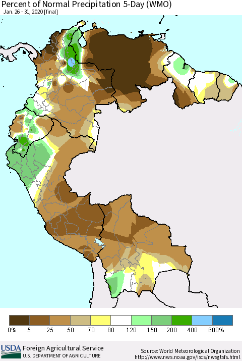 Northern South America Percent of Normal Precipitation 5-Day (WMO) Thematic Map For 1/26/2020 - 1/31/2020
