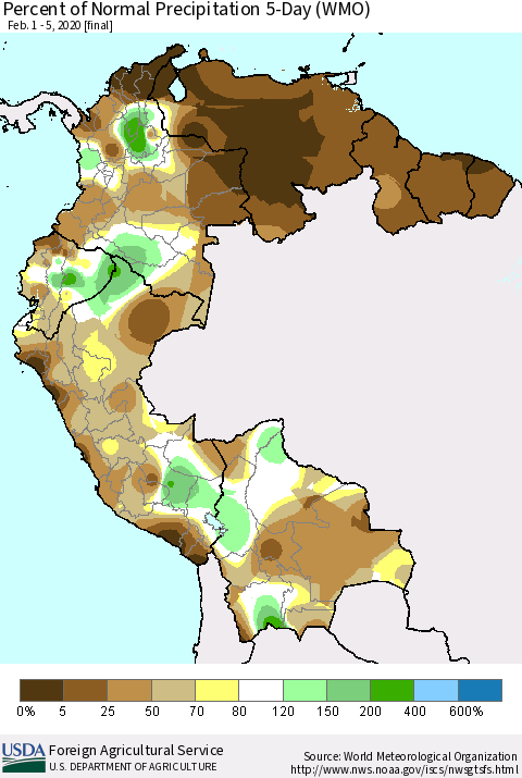 Northern South America Percent of Normal Precipitation 5-Day (WMO) Thematic Map For 2/1/2020 - 2/5/2020