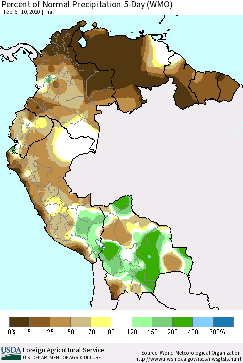 Northern South America Percent of Normal Precipitation 5-Day (WMO) Thematic Map For 2/6/2020 - 2/10/2020