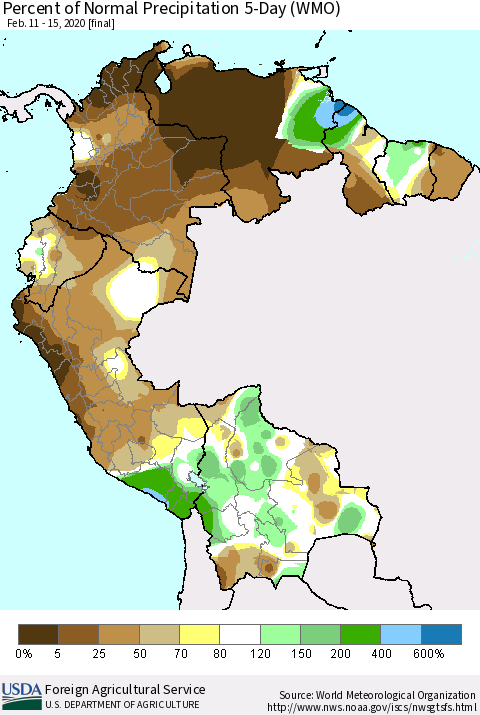 Northern South America Percent of Normal Precipitation 5-Day (WMO) Thematic Map For 2/11/2020 - 2/15/2020