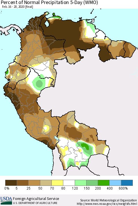 Northern South America Percent of Normal Precipitation 5-Day (WMO) Thematic Map For 2/16/2020 - 2/20/2020