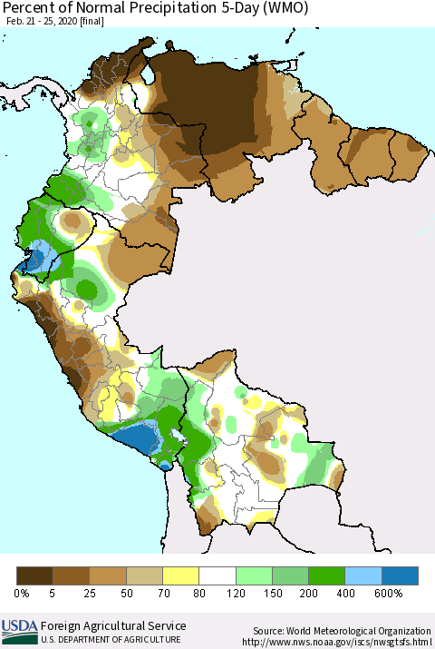 Northern South America Percent of Normal Precipitation 5-Day (WMO) Thematic Map For 2/21/2020 - 2/25/2020