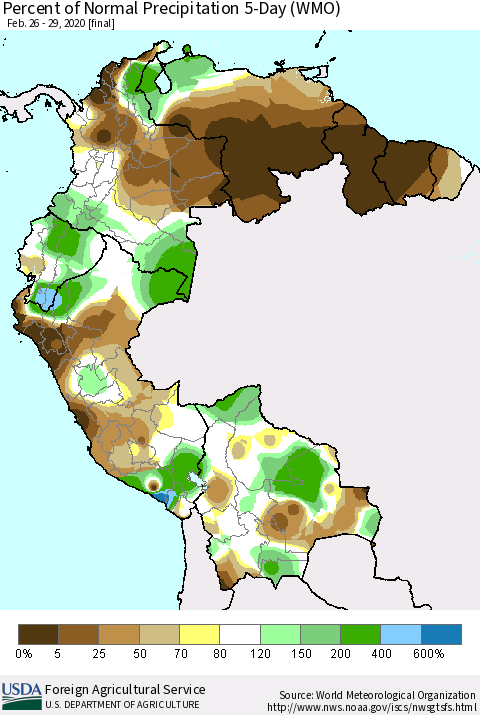 Northern South America Percent of Normal Precipitation 5-Day (WMO) Thematic Map For 2/26/2020 - 2/29/2020