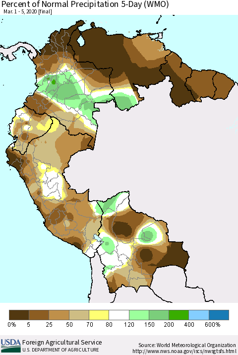 Northern South America Percent of Normal Precipitation 5-Day (WMO) Thematic Map For 3/1/2020 - 3/5/2020