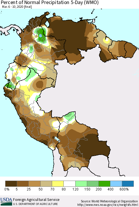 Northern South America Percent of Normal Precipitation 5-Day (WMO) Thematic Map For 3/6/2020 - 3/10/2020