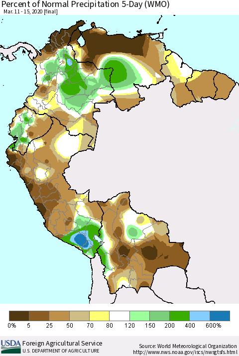 Northern South America Percent of Normal Precipitation 5-Day (WMO) Thematic Map For 3/11/2020 - 3/15/2020